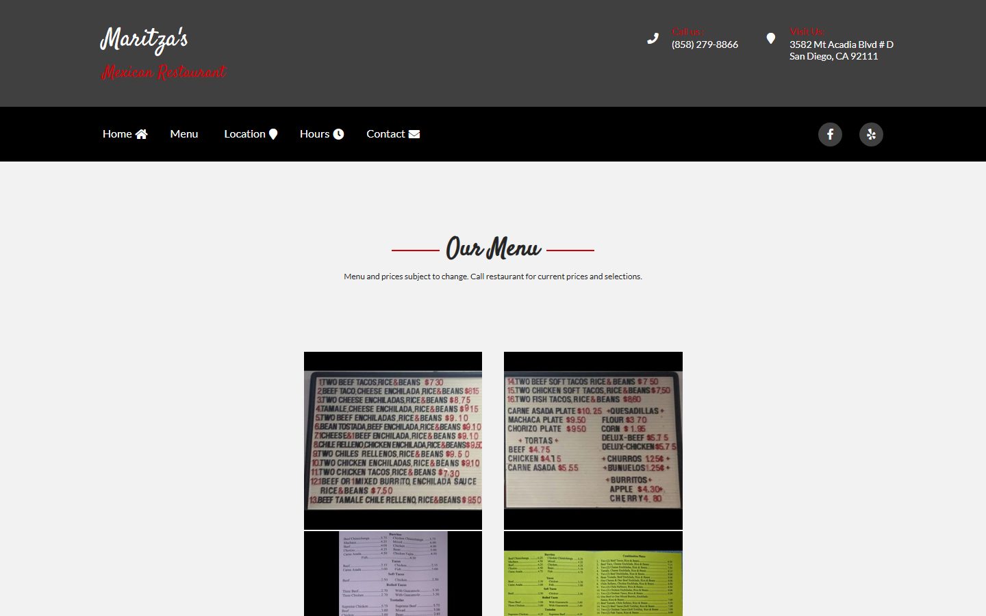 The current maritzasmexican.com homepage showing photos of menu boards and a note to call for current prices